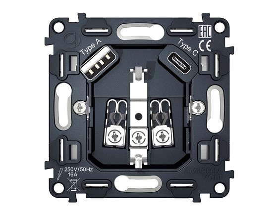 VM160 Механизм электрической розетки 2USB A+C 20W (быстрая зарядка) с/з на винтовых зажимах QUANT, AMBRELLA VOLT, VM160 - фото 93617